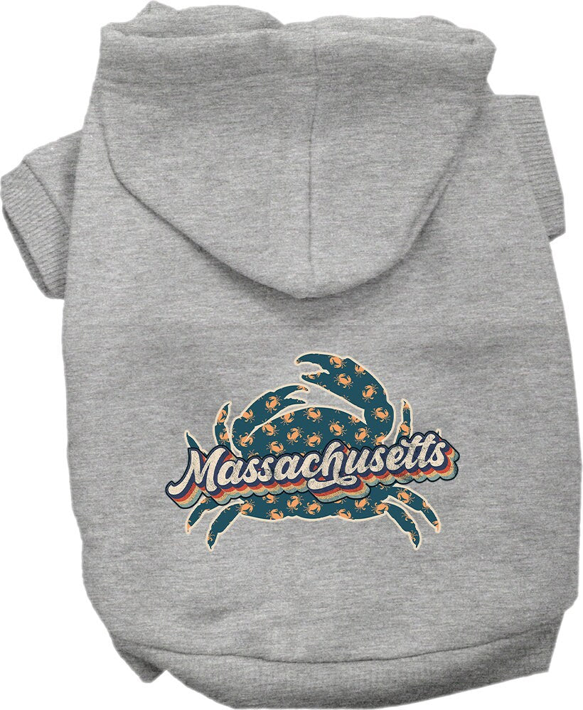 A cozy screen printed hoodie for medium to large pets featuring a Massachusetts Retro Crabs design, perfect for stylish walks.