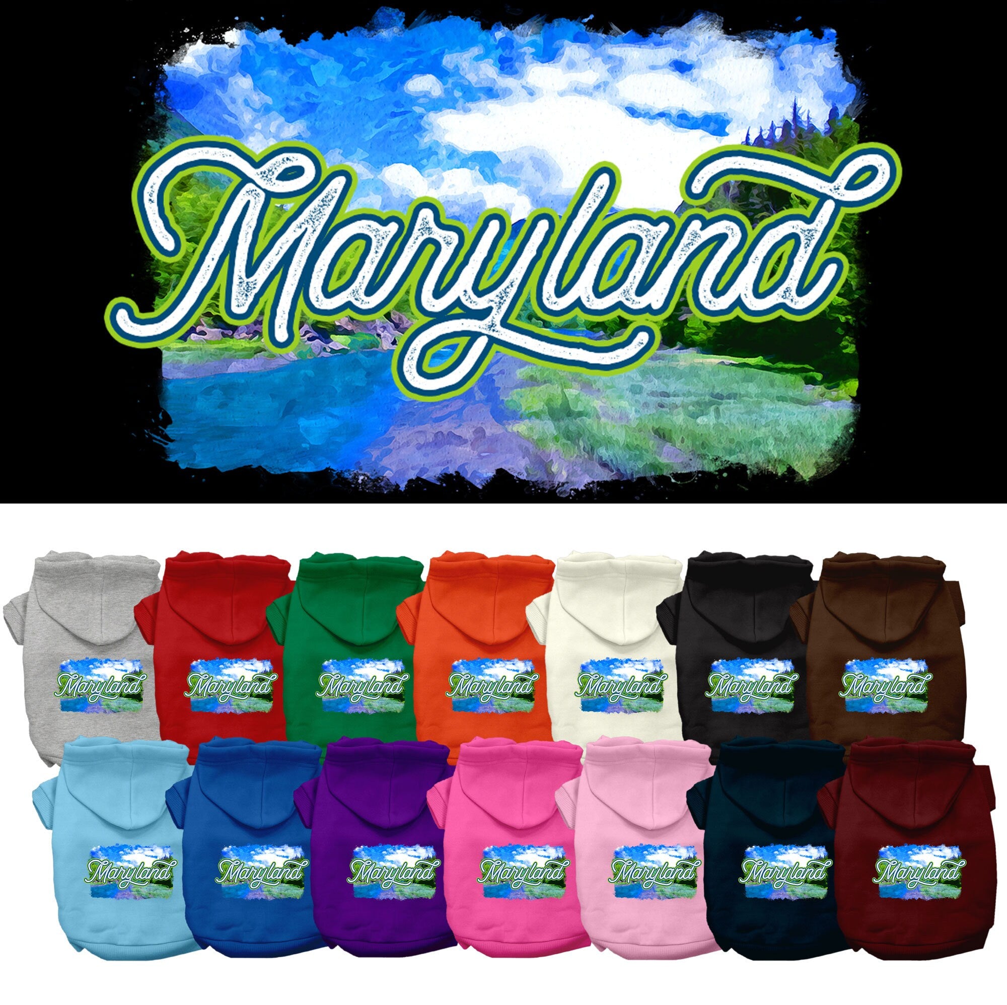 A medium to large pet wearing a Maryland Summer screen printed hoodie, showcasing its vibrant colors and comfortable fit.