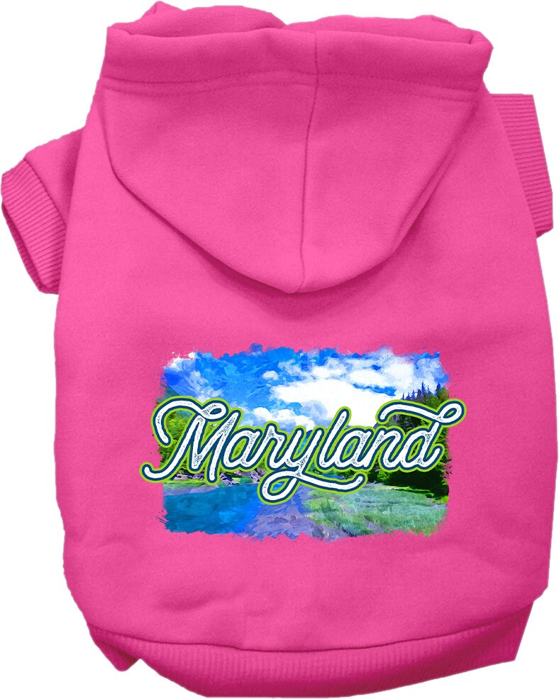 A medium to large pet wearing a Maryland Summer screen printed hoodie, showcasing its vibrant colors and comfortable fit.