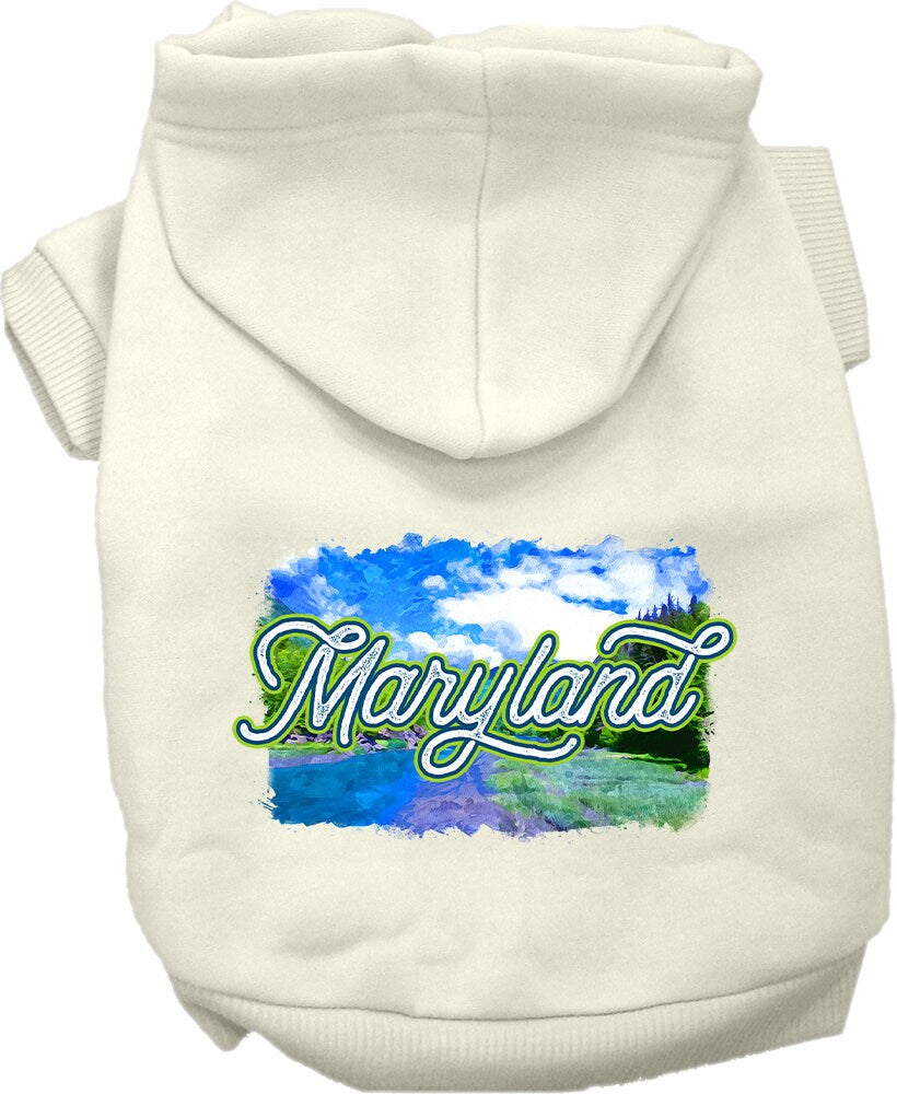 A medium to large pet wearing a Maryland Summer screen printed hoodie, showcasing its vibrant colors and comfortable fit.