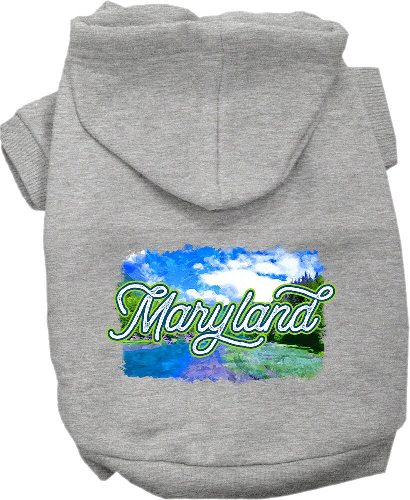 A medium to large pet wearing a Maryland Summer screen printed hoodie, showcasing its vibrant colors and comfortable fit.