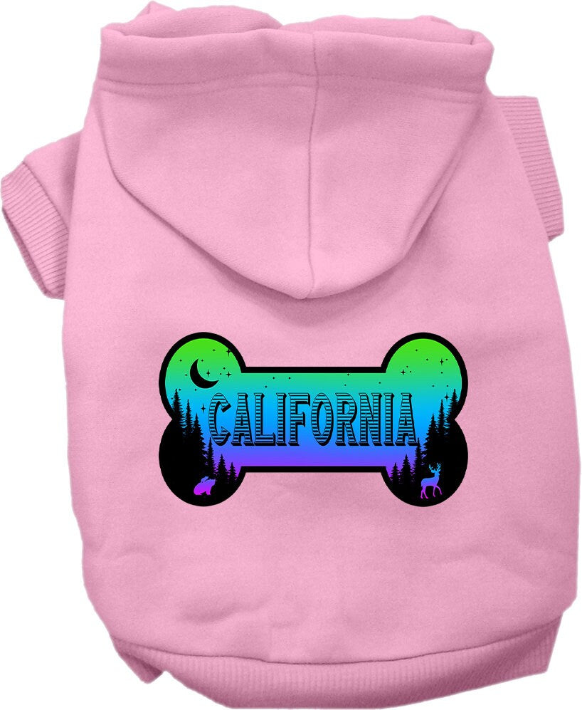 A medium to large pet wearing a stylish screen printed hoodie with a California Mountain Shades design, showcasing comfort and durability.