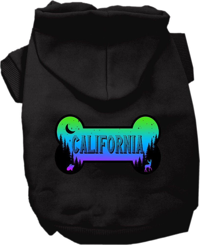 A medium to large pet wearing a stylish screen printed hoodie with a California Mountain Shades design, showcasing comfort and durability.