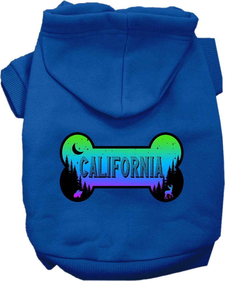 A medium to large pet wearing a stylish screen printed hoodie with a California Mountain Shades design, showcasing comfort and durability.