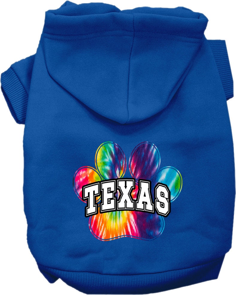 A vibrant Texas Bright Tie Dye hoodie designed for medium to large dogs and cats, showcasing its soft fabric and convenient leash access hole.