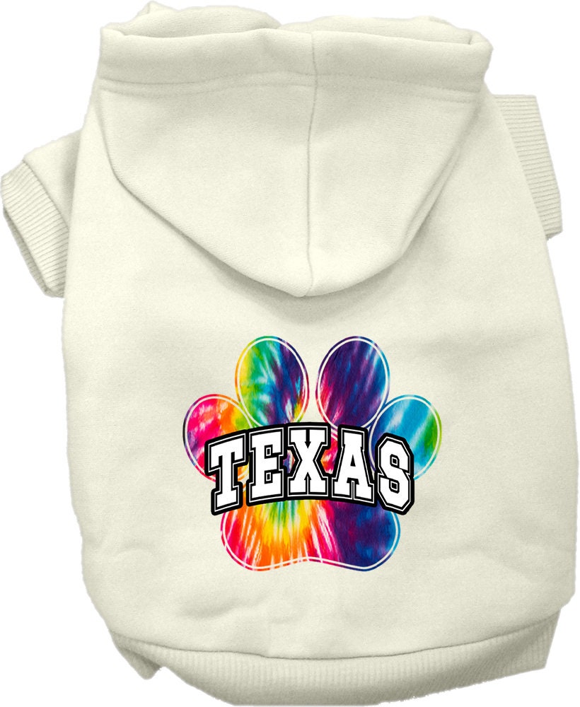 A vibrant Texas Bright Tie Dye hoodie designed for medium to large dogs and cats, showcasing its soft fabric and convenient leash access hole.