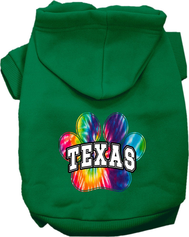 A vibrant Texas Bright Tie Dye hoodie designed for medium to large dogs and cats, showcasing its soft fabric and convenient leash access hole.