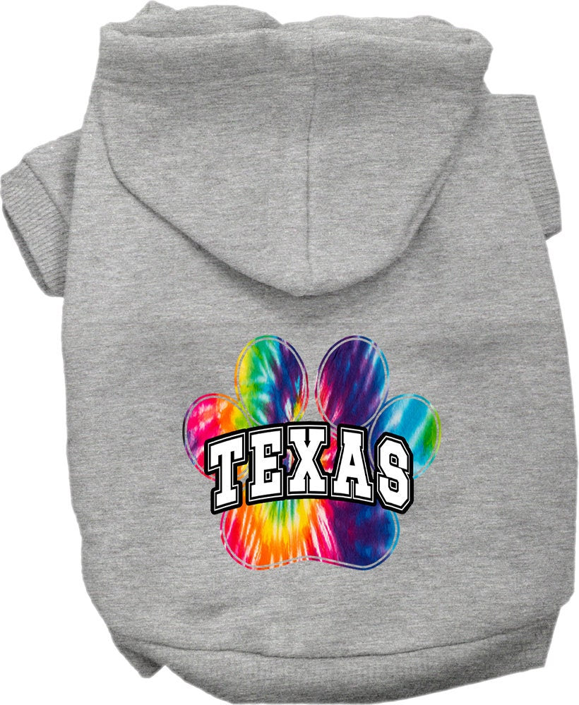 A vibrant Texas Bright Tie Dye hoodie designed for medium to large dogs and cats, showcasing its soft fabric and convenient leash access hole.