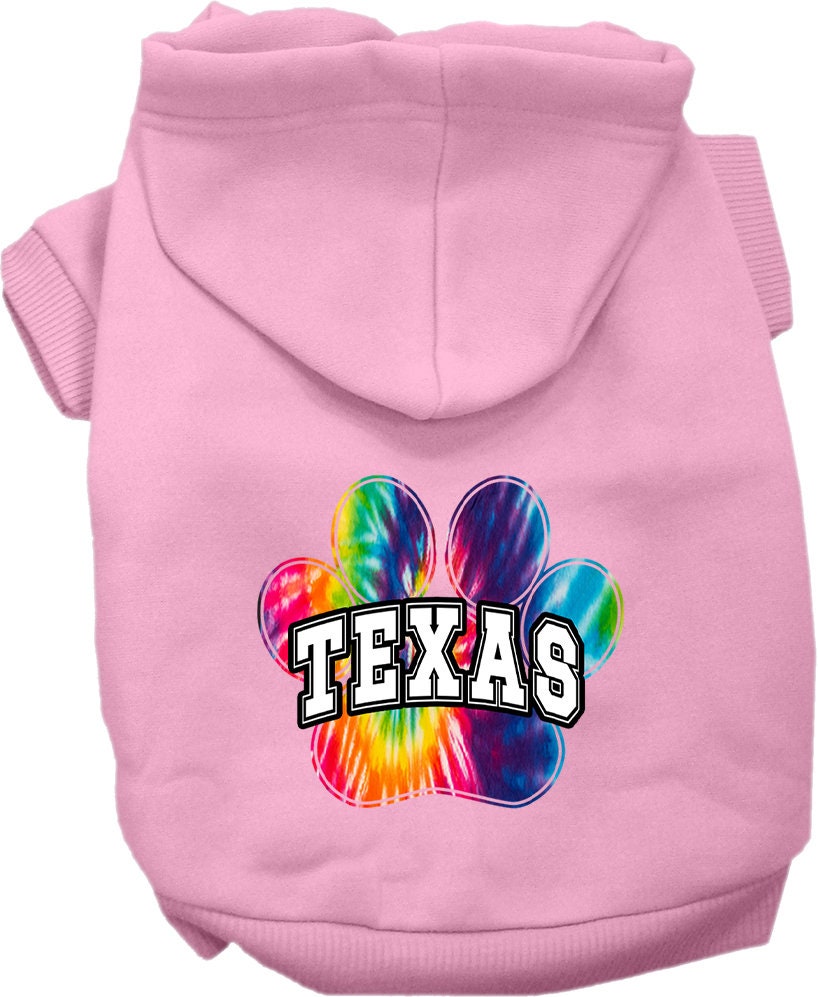 A vibrant Texas Bright Tie Dye hoodie designed for medium to large dogs and cats, showcasing its soft fabric and convenient leash access hole.