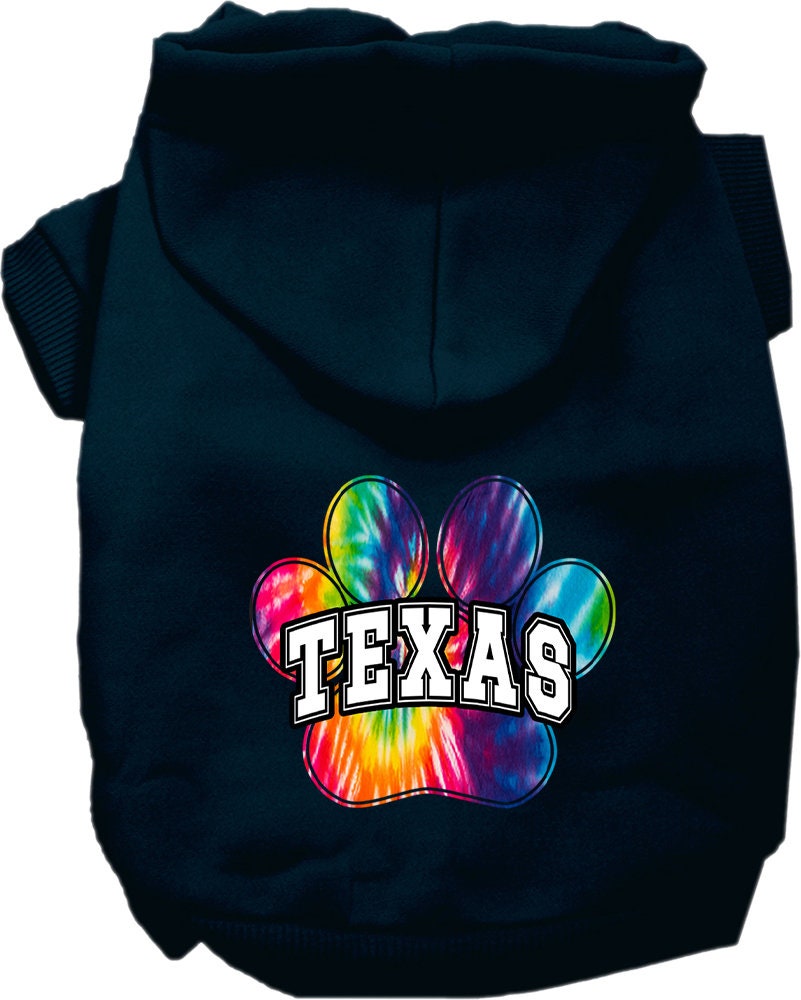 A vibrant Texas Bright Tie Dye hoodie designed for medium to large dogs and cats, showcasing its soft fabric and convenient leash access hole.