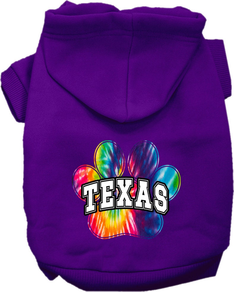 A vibrant Texas Bright Tie Dye hoodie designed for medium to large dogs and cats, showcasing its soft fabric and convenient leash access hole.