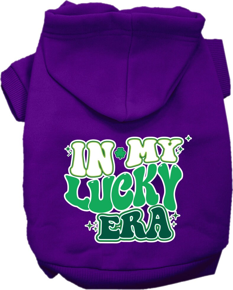 A cozy screen printed hoodie for medium to large pets, featuring the phrase 'In My Lucky Era', showcasing its soft fabric and durable stitching.