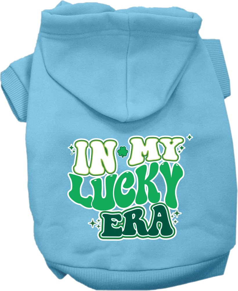 A cozy screen printed hoodie for medium to large pets, featuring the phrase 'In My Lucky Era', showcasing its soft fabric and durable stitching.