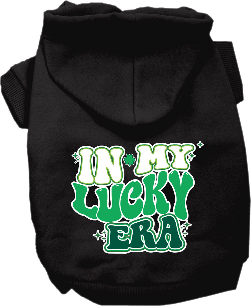 A cozy screen printed hoodie for medium to large pets, featuring the phrase 'In My Lucky Era', showcasing its soft fabric and durable stitching.