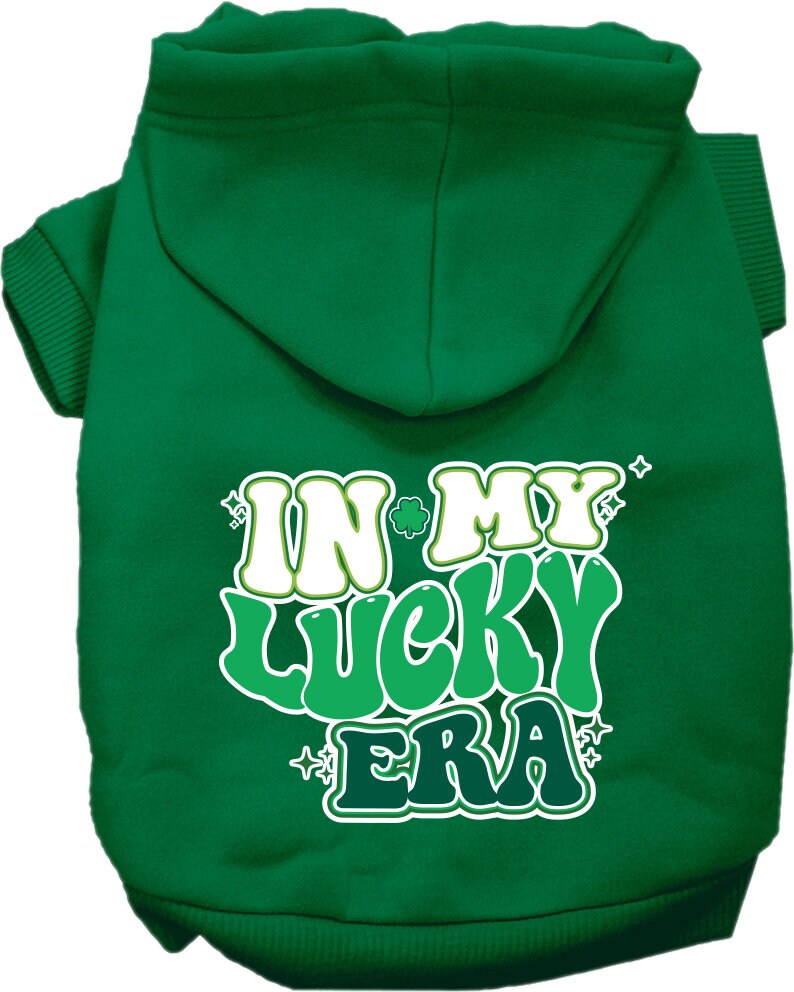 A cozy screen printed hoodie for medium to large pets, featuring the phrase 'In My Lucky Era', showcasing its soft fabric and durable stitching.