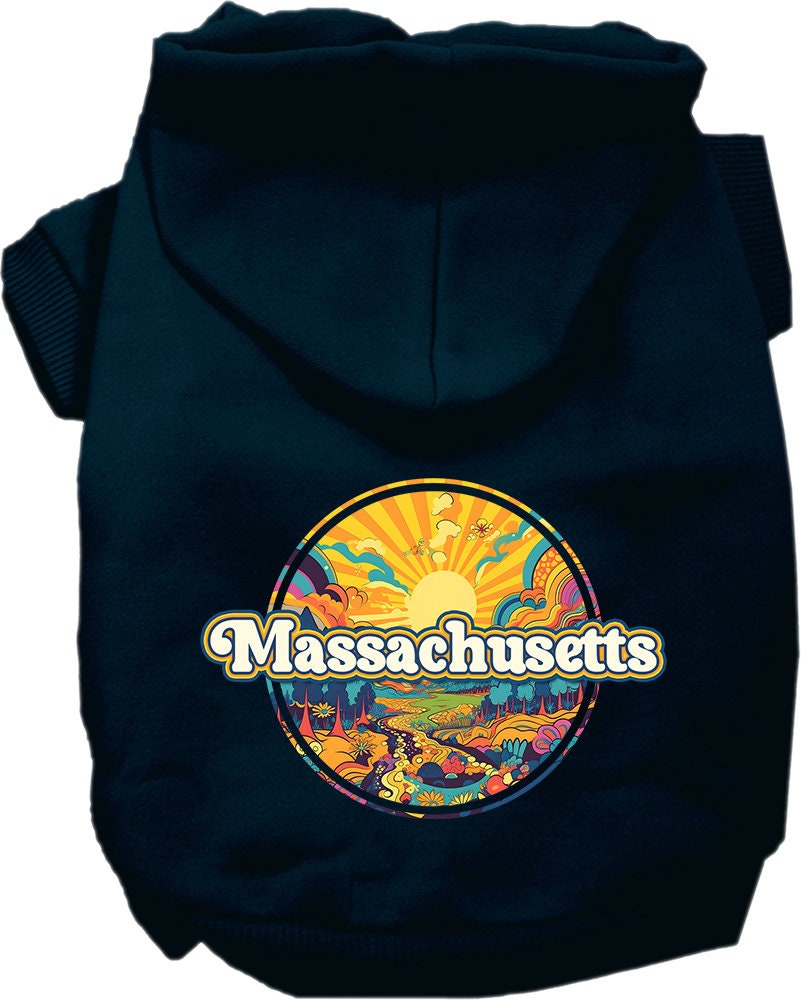 A cozy screen printed hoodie for medium to large pets, featuring the 'Massachusetts Groovy Summit' design, perfect for chilly weather.