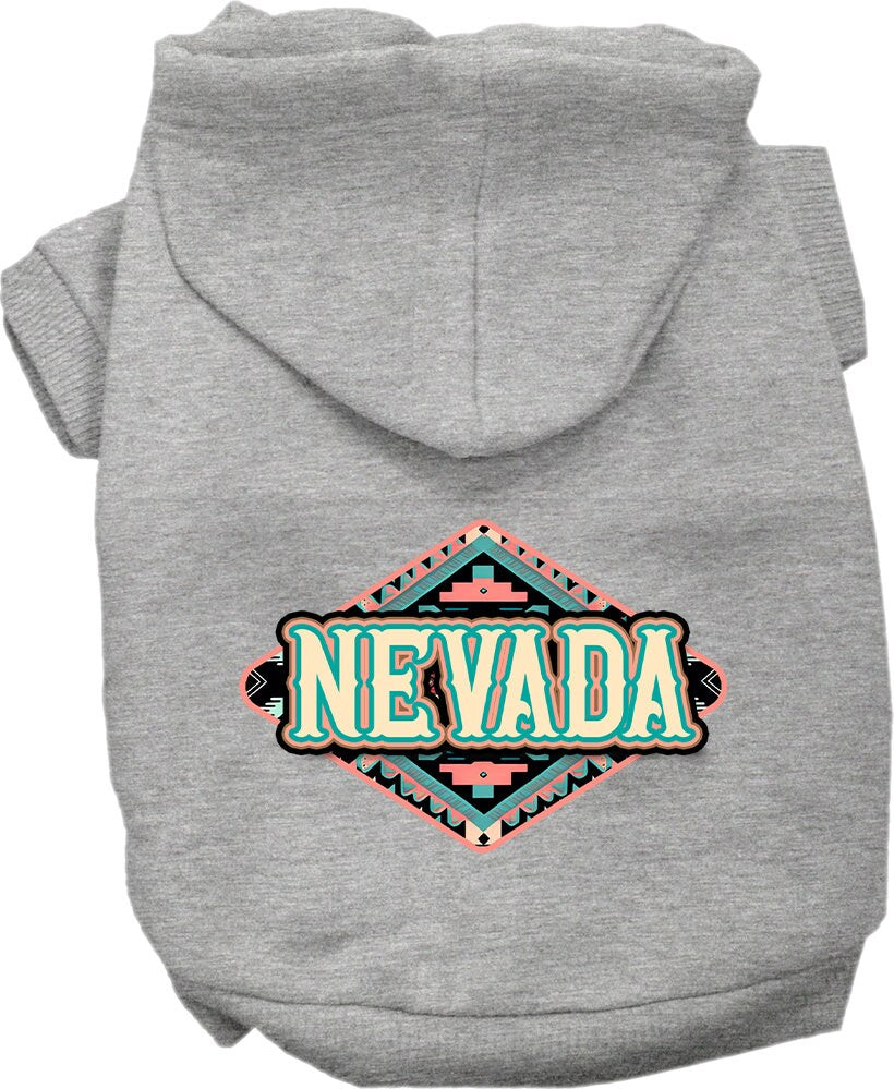 A medium to large pet wearing a soft, warm hoodie with a Nevada Peach Aztec print, showcasing its stylish design and convenient leash access.