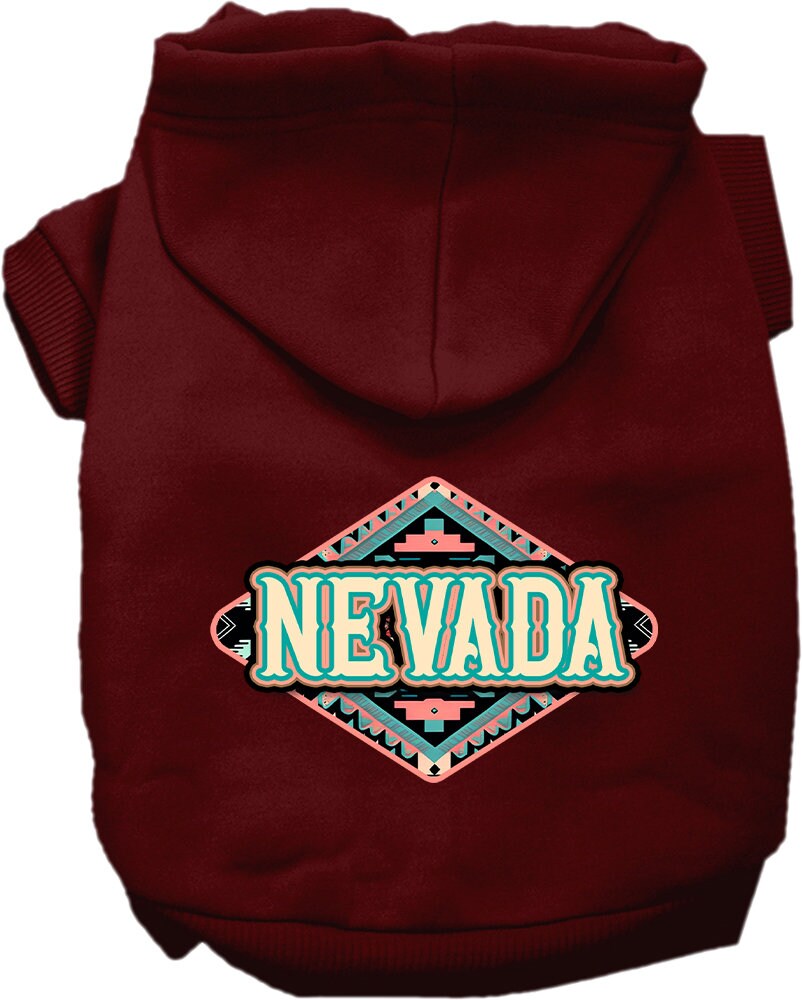 A medium to large pet wearing a soft, warm hoodie with a Nevada Peach Aztec print, showcasing its stylish design and convenient leash access.