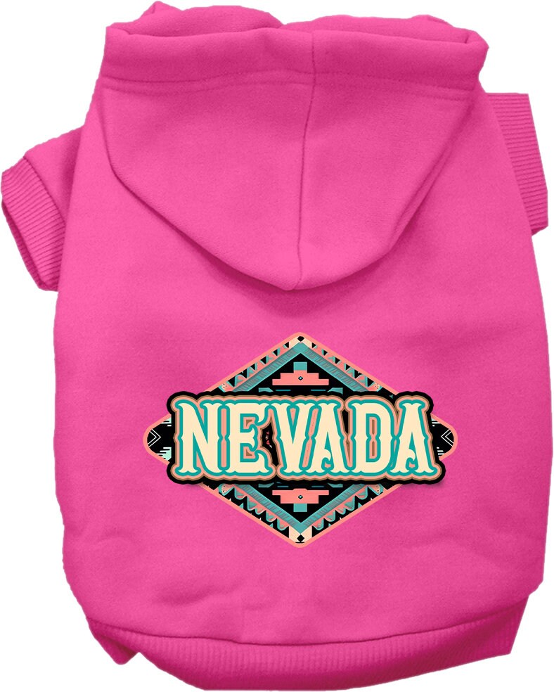 A medium to large pet wearing a soft, warm hoodie with a Nevada Peach Aztec print, showcasing its stylish design and convenient leash access.