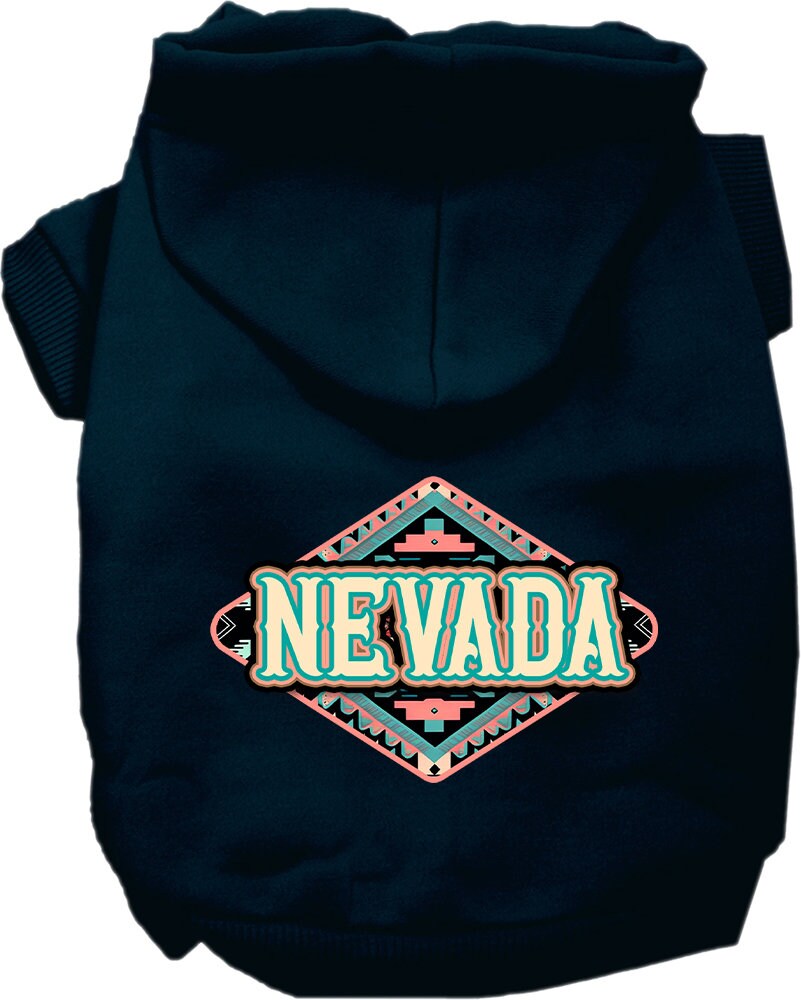 A medium to large pet wearing a soft, warm hoodie with a Nevada Peach Aztec print, showcasing its stylish design and convenient leash access.