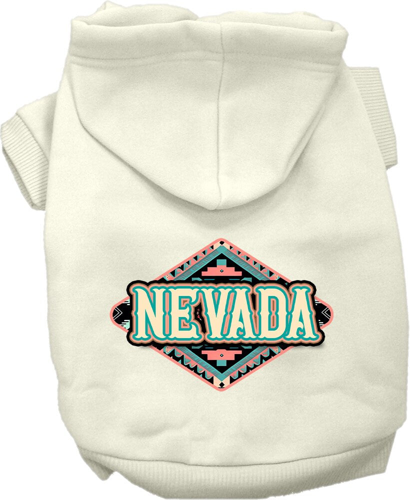 A medium to large pet wearing a soft, warm hoodie with a Nevada Peach Aztec print, showcasing its stylish design and convenient leash access.