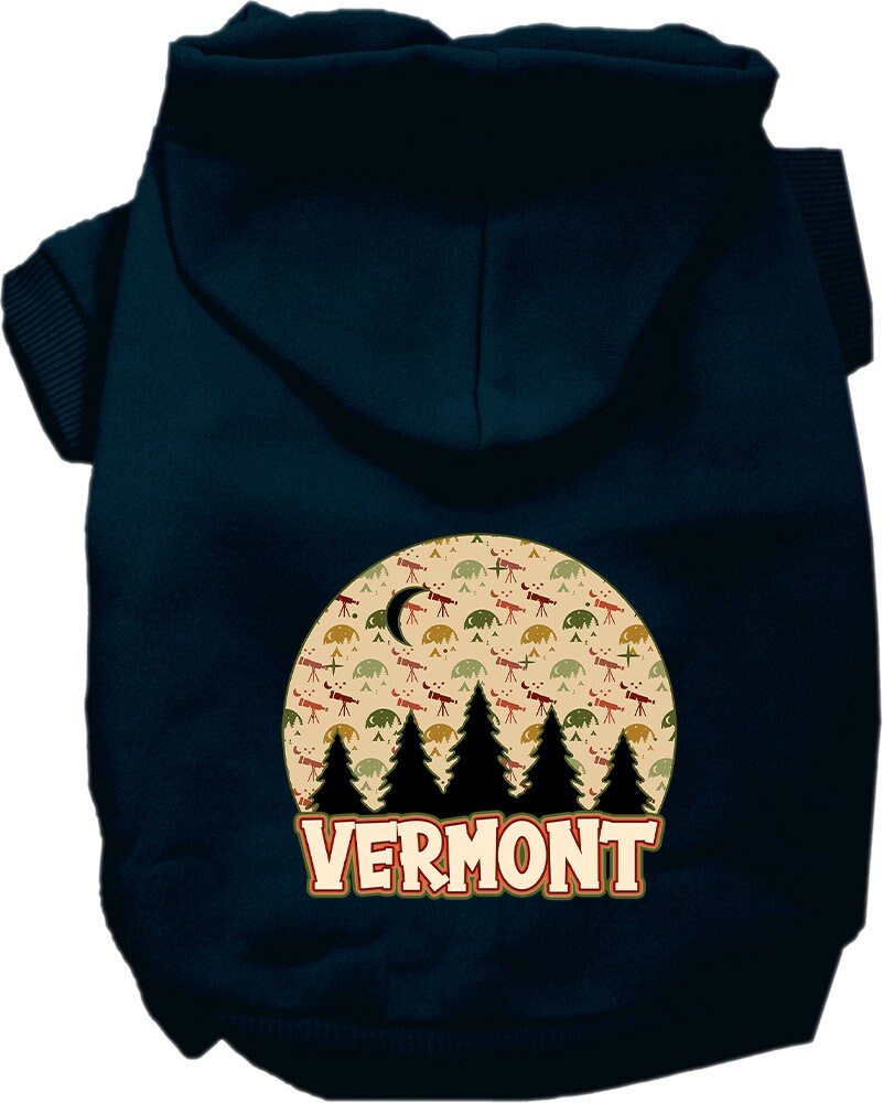 A cozy screen printed hoodie for medium to large pets, featuring a stylish 'Vermont Under The Stars' design, perfect for chilly weather.