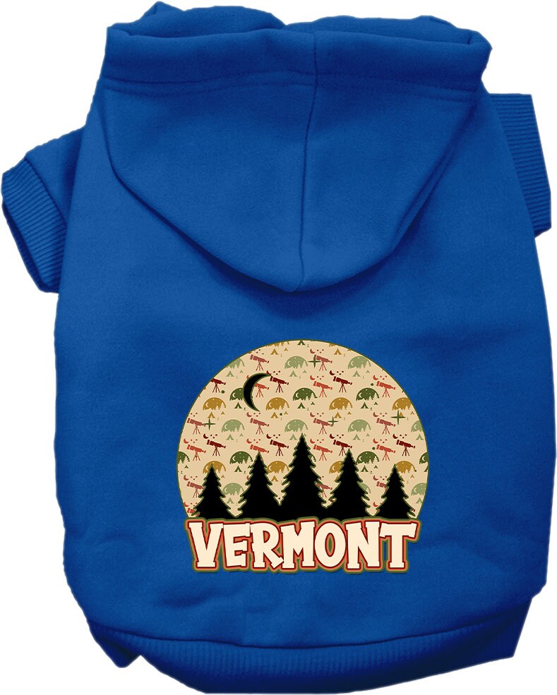 A cozy screen printed hoodie for medium to large pets, featuring a stylish 'Vermont Under The Stars' design, perfect for chilly weather.