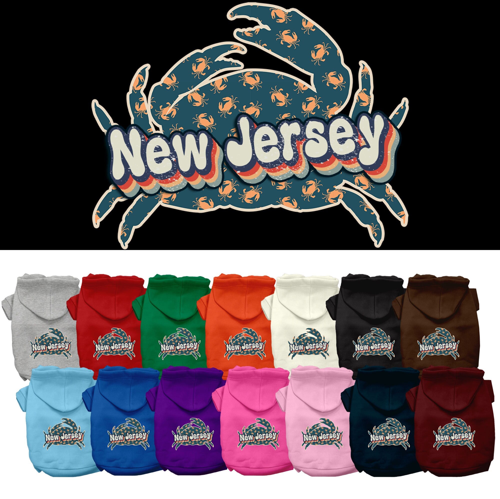 A medium to large pet wearing a stylish screen printed hoodie featuring a New Jersey Retro Crabs design, showcasing comfort and durability.