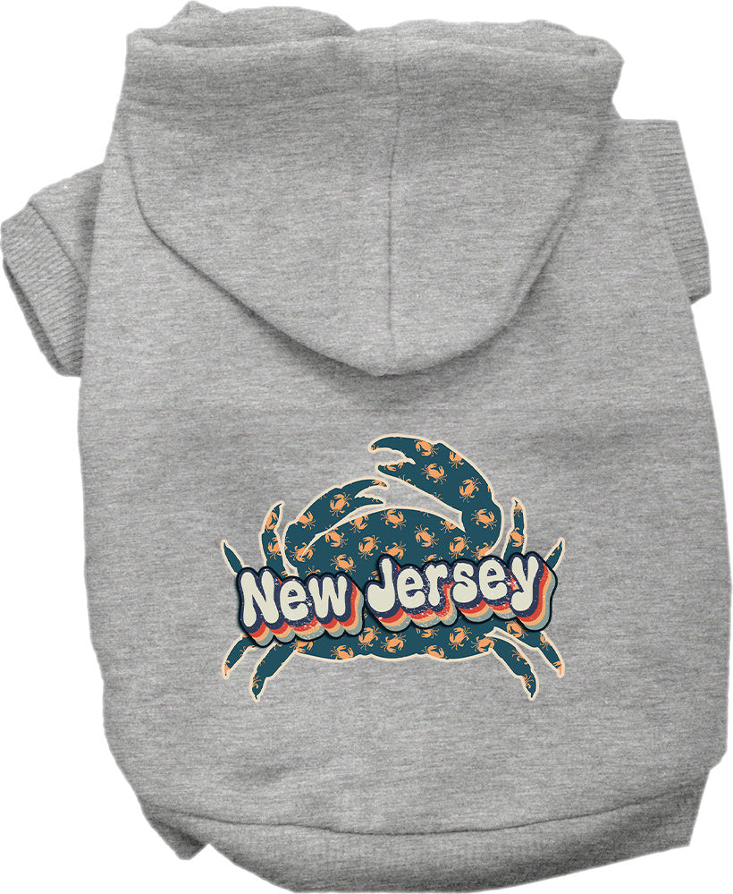 A medium to large pet wearing a stylish screen printed hoodie featuring a New Jersey Retro Crabs design, showcasing comfort and durability.
