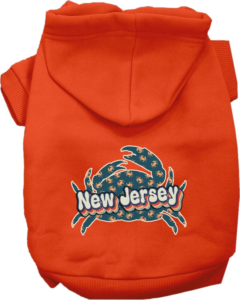 A medium to large pet wearing a stylish screen printed hoodie featuring a New Jersey Retro Crabs design, showcasing comfort and durability.