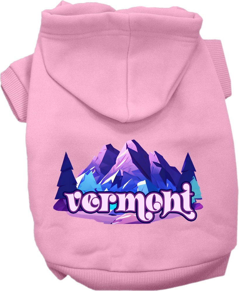 A cozy screen printed hoodie for medium to large pets, featuring the Vermont Alpine Pawscape design, showcasing its soft fabric and durable stitching.