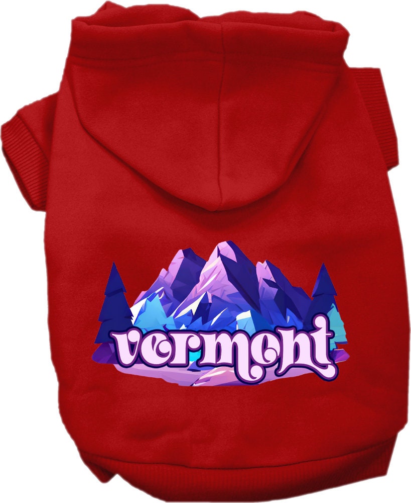 A cozy screen printed hoodie for medium to large pets, featuring the Vermont Alpine Pawscape design, showcasing its soft fabric and durable stitching.