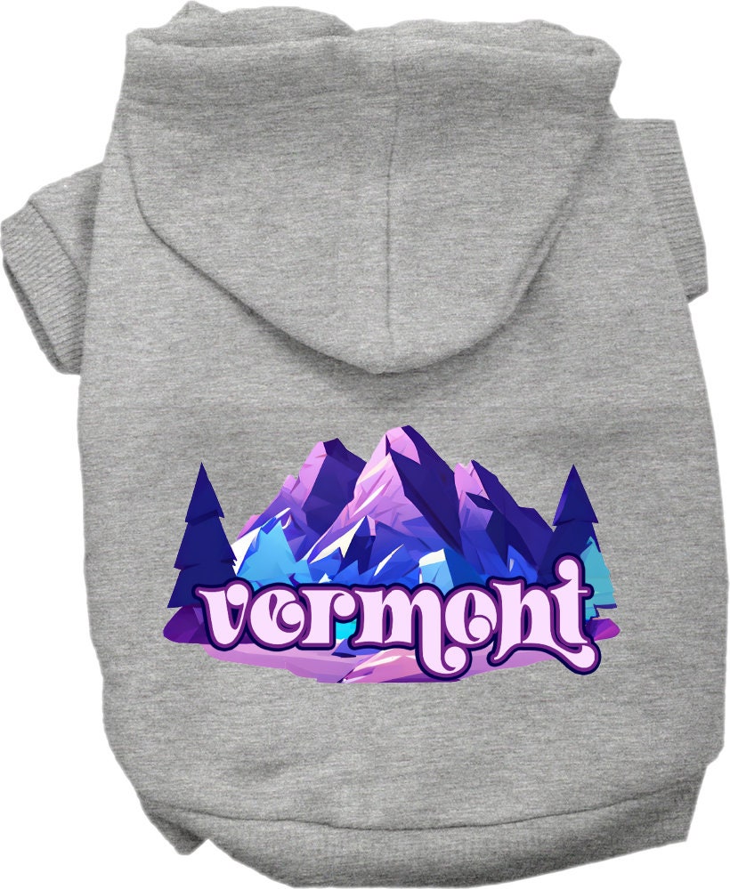 A cozy screen printed hoodie for medium to large pets, featuring the Vermont Alpine Pawscape design, showcasing its soft fabric and durable stitching.