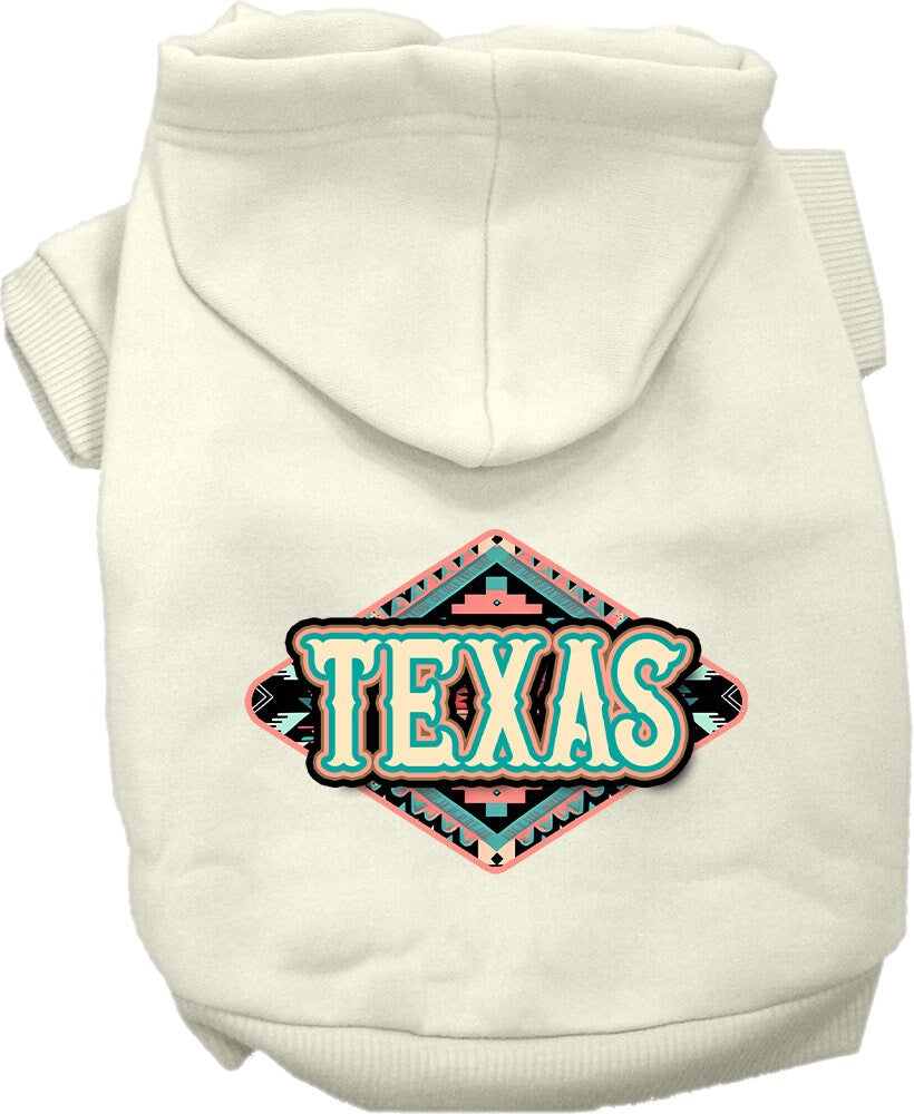 A medium to large pet wearing a soft and stylish screen printed hoodie in Texas Peach Aztec design, showcasing comfort and durability.