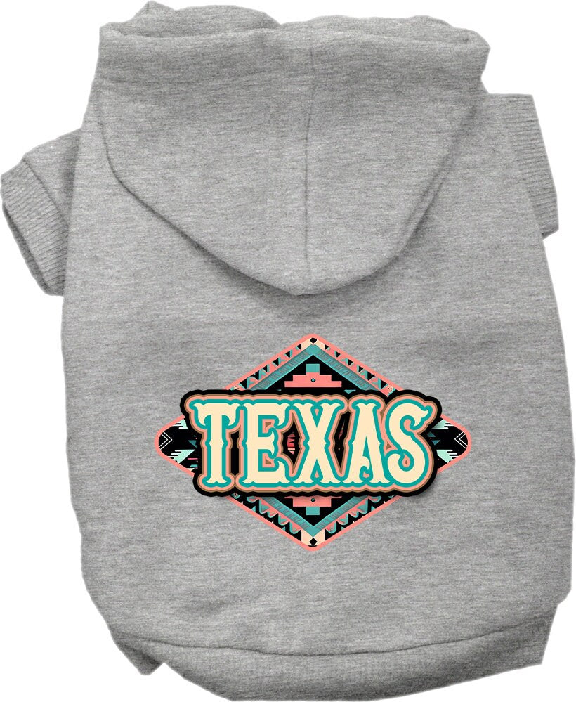 A medium to large pet wearing a soft and stylish screen printed hoodie in Texas Peach Aztec design, showcasing comfort and durability.