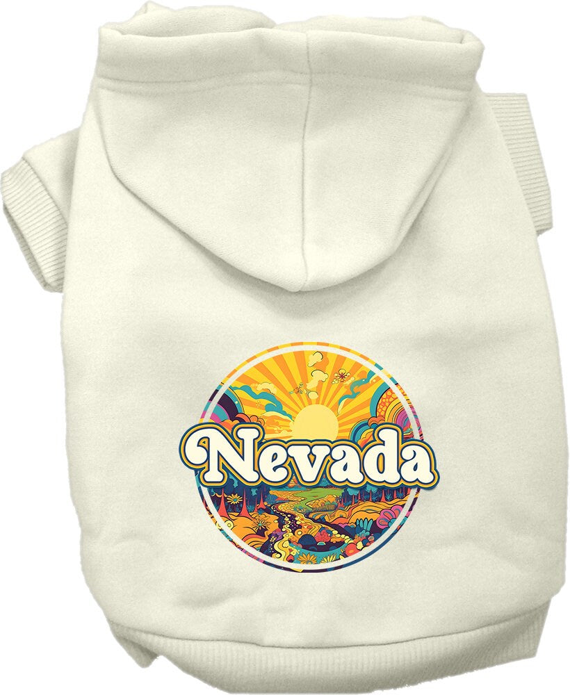 A soft and warm screen printed hoodie for medium to large pets, featuring a unique 'Nevada Trippy Peaks' design, perfect for stylish outings.