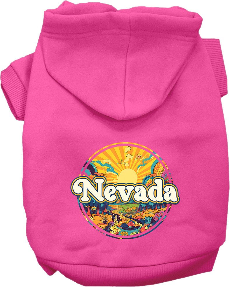 A soft and warm screen printed hoodie for medium to large pets, featuring a unique 'Nevada Trippy Peaks' design, perfect for stylish outings.