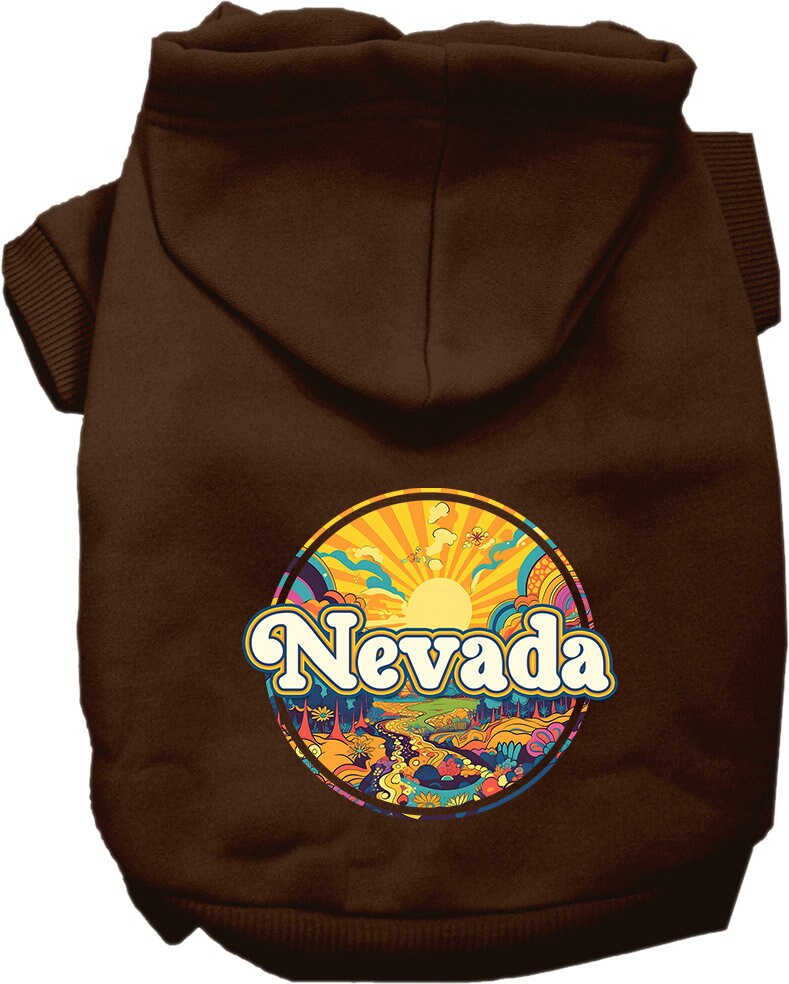 A soft and warm screen printed hoodie for medium to large pets, featuring a unique 'Nevada Trippy Peaks' design, perfect for stylish outings.