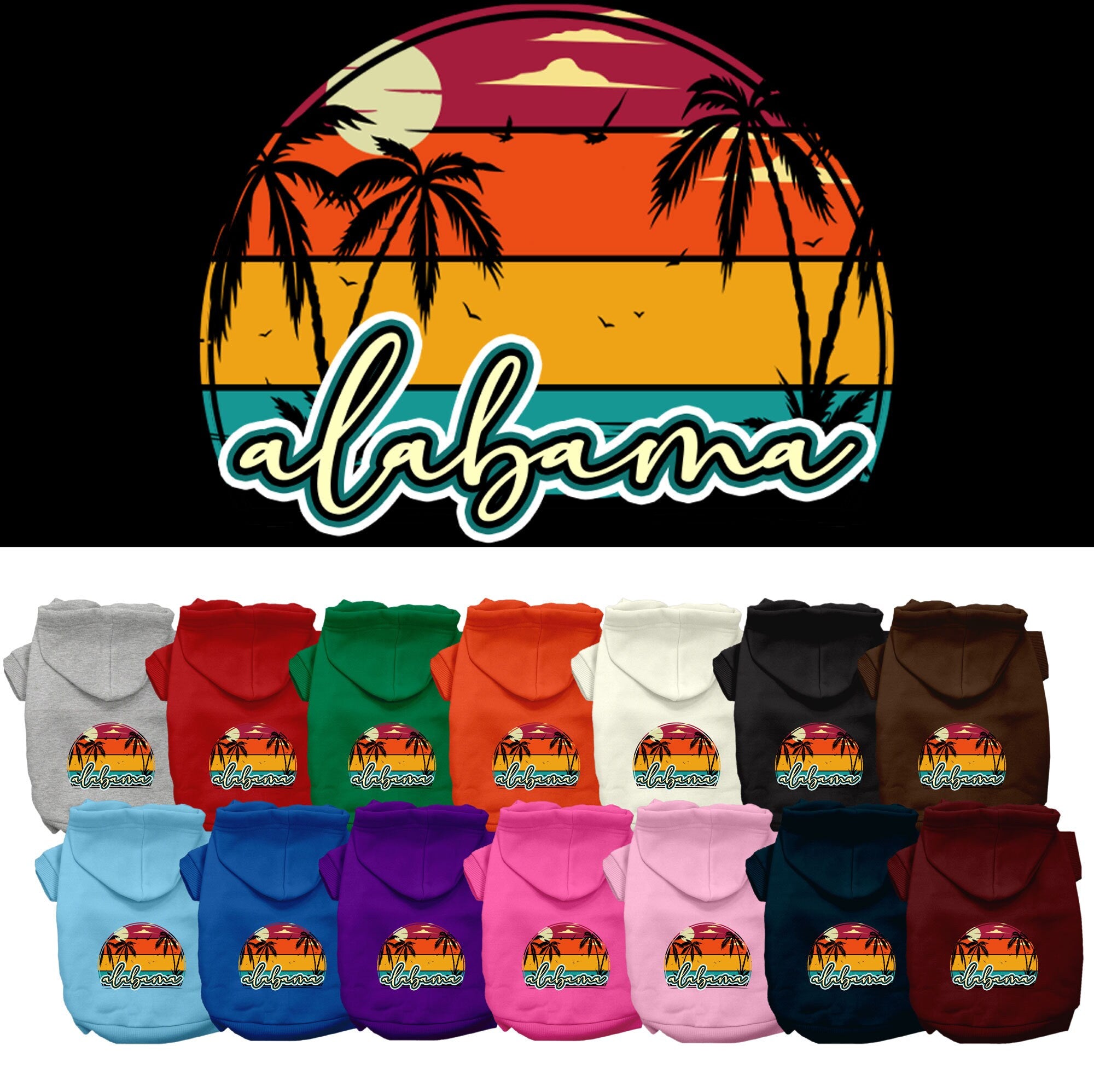 A medium to large pet wearing a stylish screen printed hoodie featuring the Alabama Retro Beach Sunset design, showcasing comfort and durability.