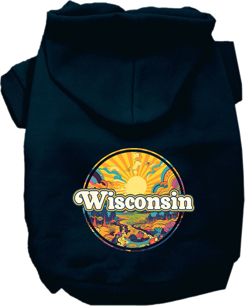 A medium to large pet wearing a soft, warm hoodie with a 'Wisconsin Trippy Peaks' design, showcasing its stylish and durable features.