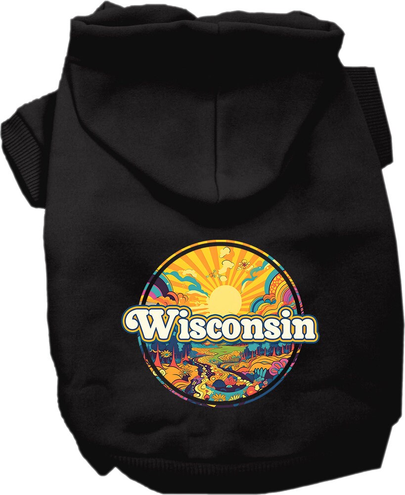 A medium to large pet wearing a soft, warm hoodie with a 'Wisconsin Trippy Peaks' design, showcasing its stylish and durable features.