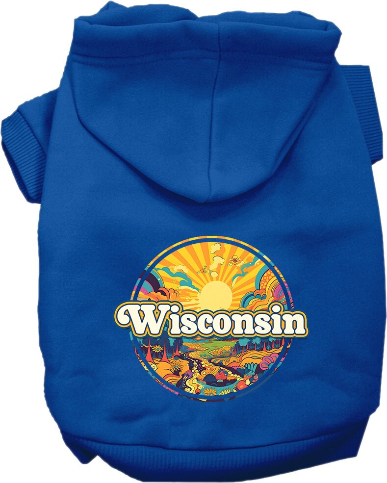 A medium to large pet wearing a soft, warm hoodie with a 'Wisconsin Trippy Peaks' design, showcasing its stylish and durable features.