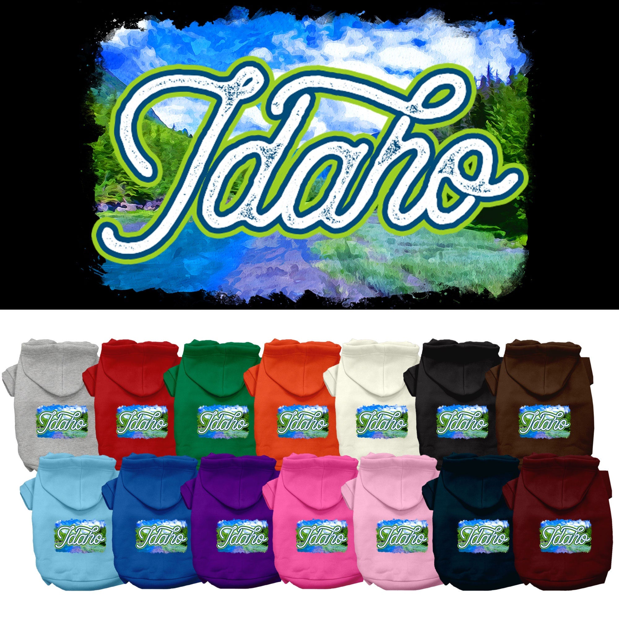 A cozy screen printed hoodie for medium to large pets, featuring a vibrant Idaho Summer design, perfect for dogs and cats.