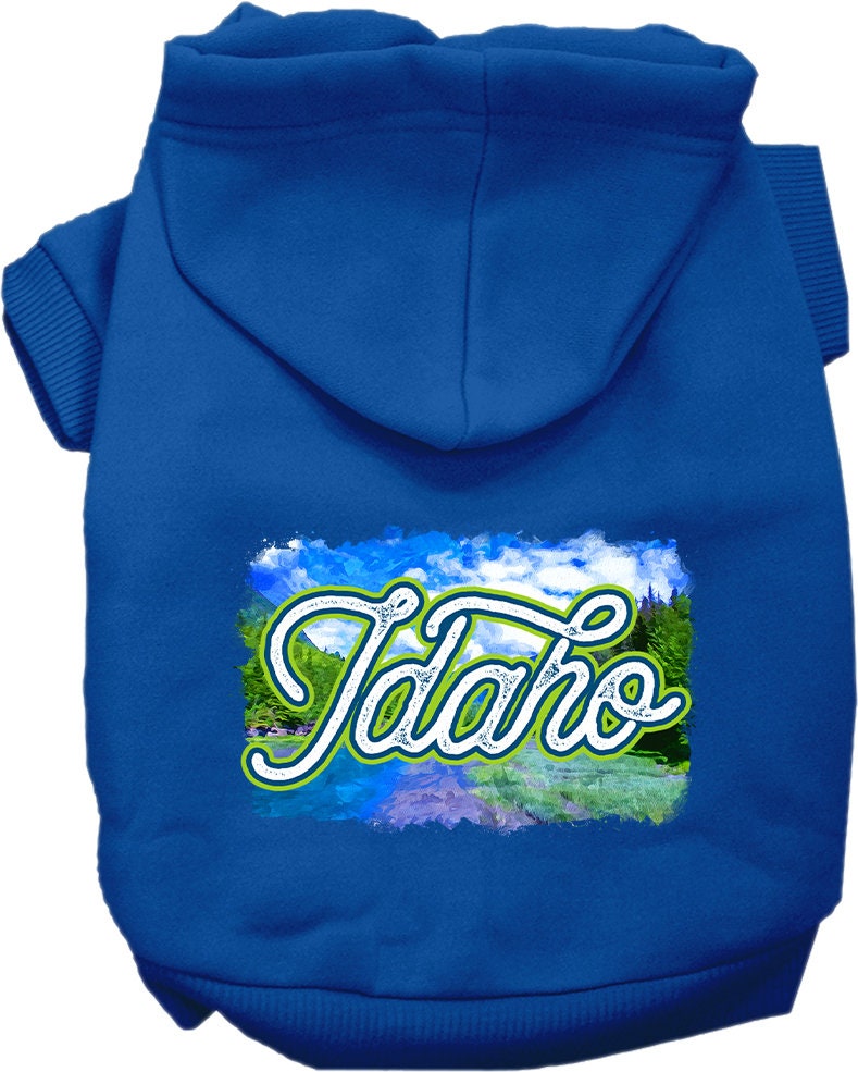 A cozy screen printed hoodie for medium to large pets, featuring a vibrant Idaho Summer design, perfect for dogs and cats.
