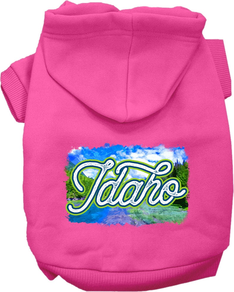A cozy screen printed hoodie for medium to large pets, featuring a vibrant Idaho Summer design, perfect for dogs and cats.