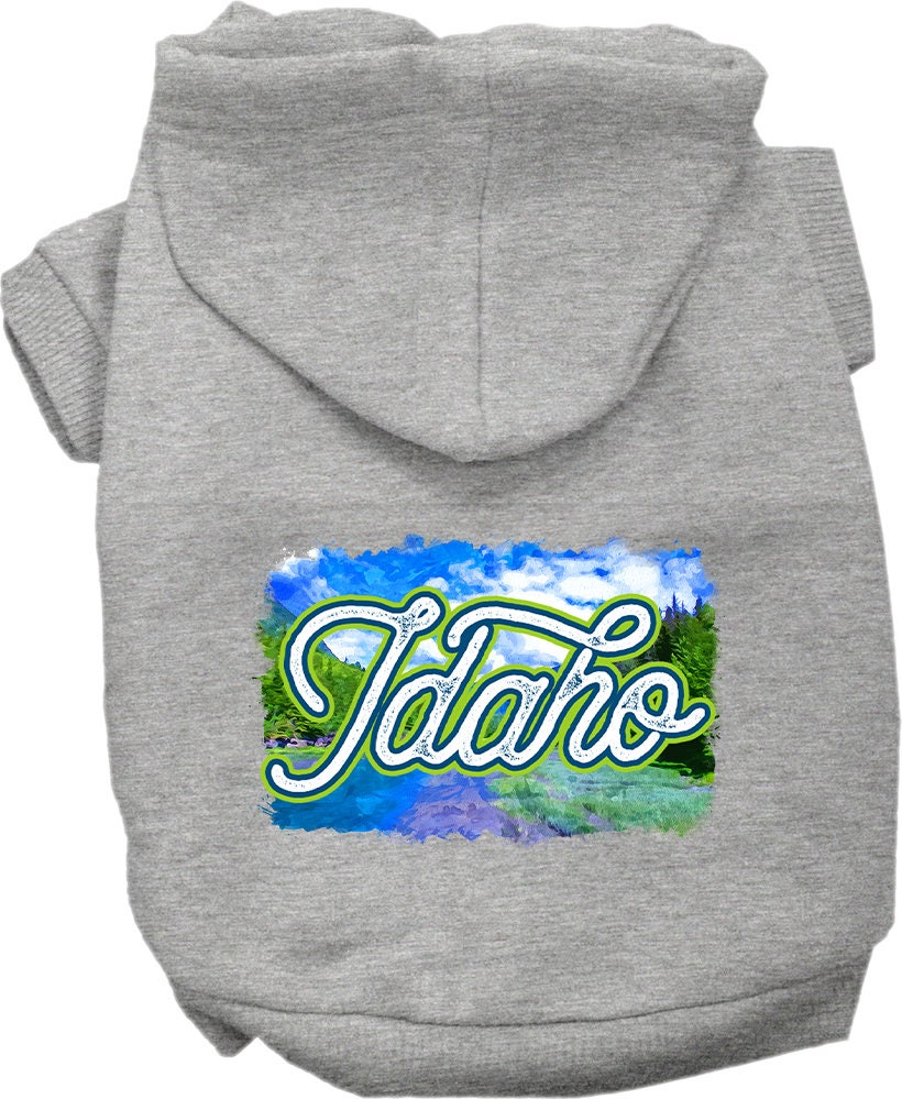 A cozy screen printed hoodie for medium to large pets, featuring a vibrant Idaho Summer design, perfect for dogs and cats.