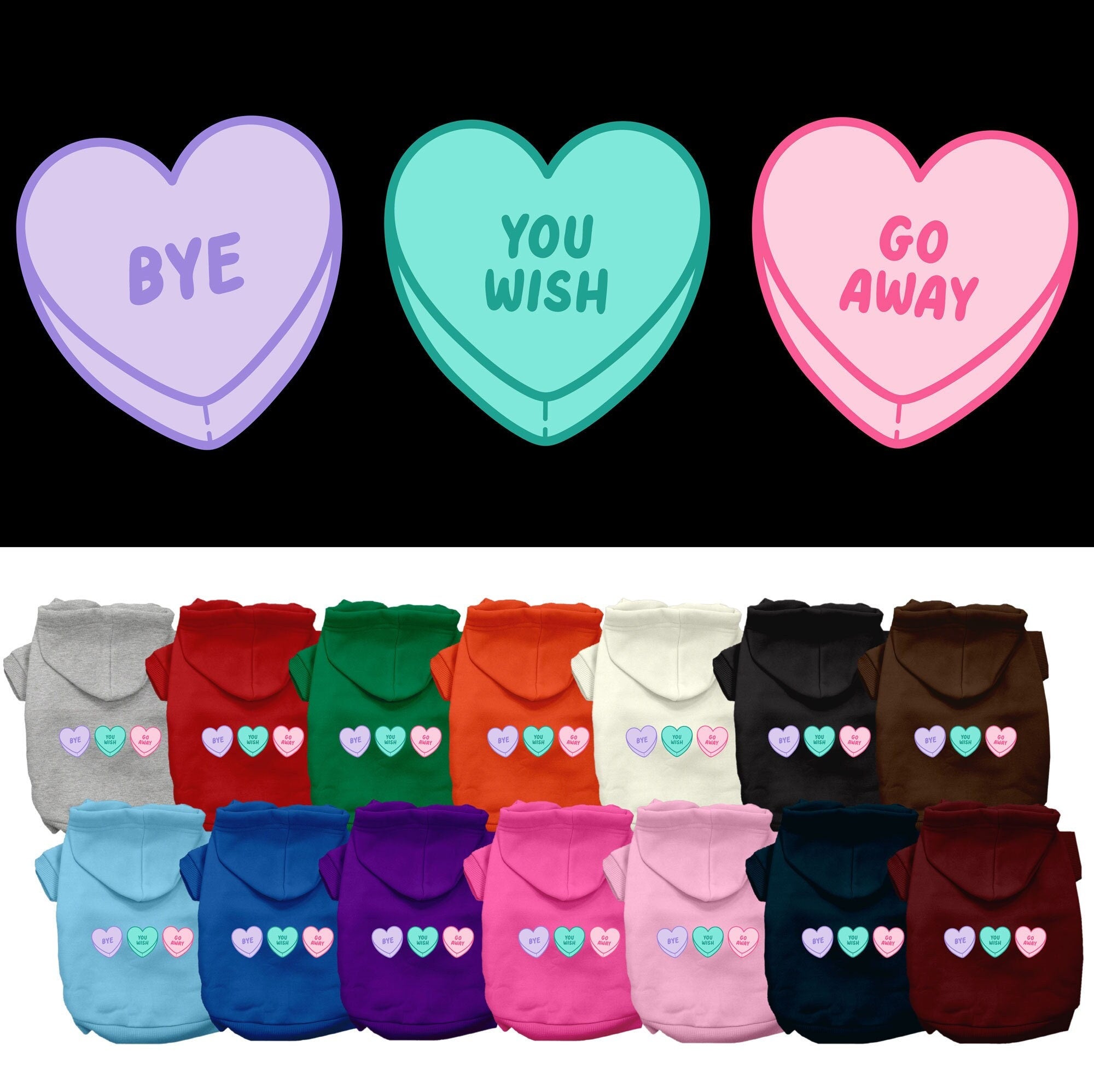 A medium to large pet wearing a soft, warm hoodie with an anti-Valentine's hearts print, showcasing its stylish design and convenient leash access.