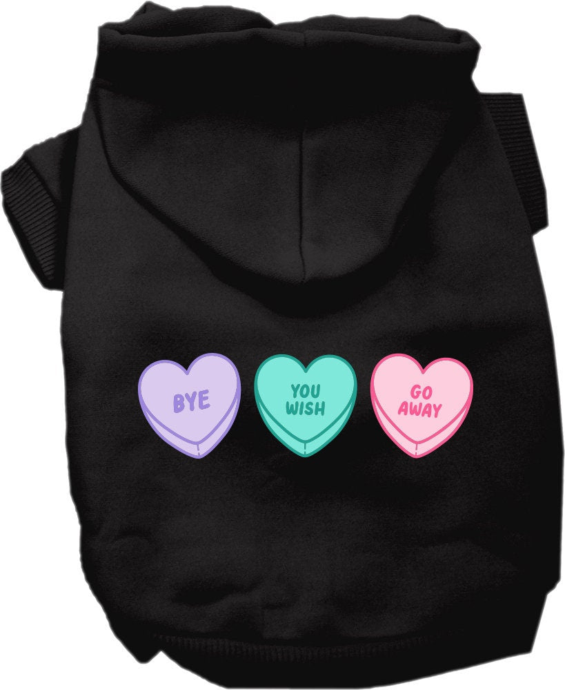 A medium to large pet wearing a soft, warm hoodie with an anti-Valentine's hearts print, showcasing its stylish design and convenient leash access.