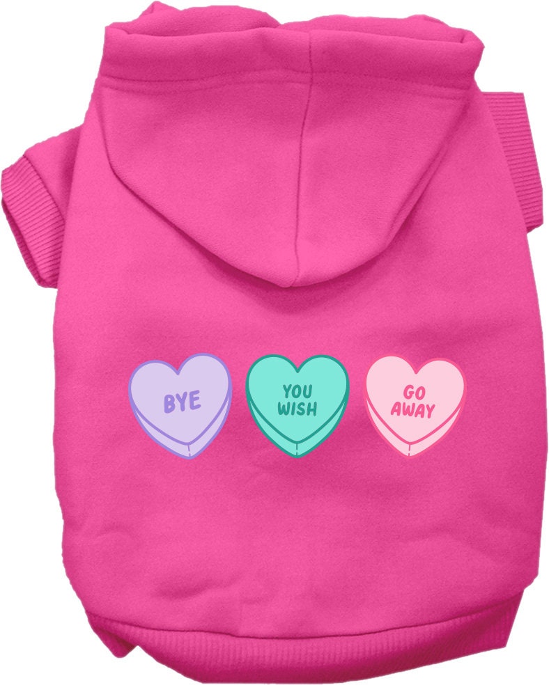 A medium to large pet wearing a soft, warm hoodie with an anti-Valentine's hearts print, showcasing its stylish design and convenient leash access.