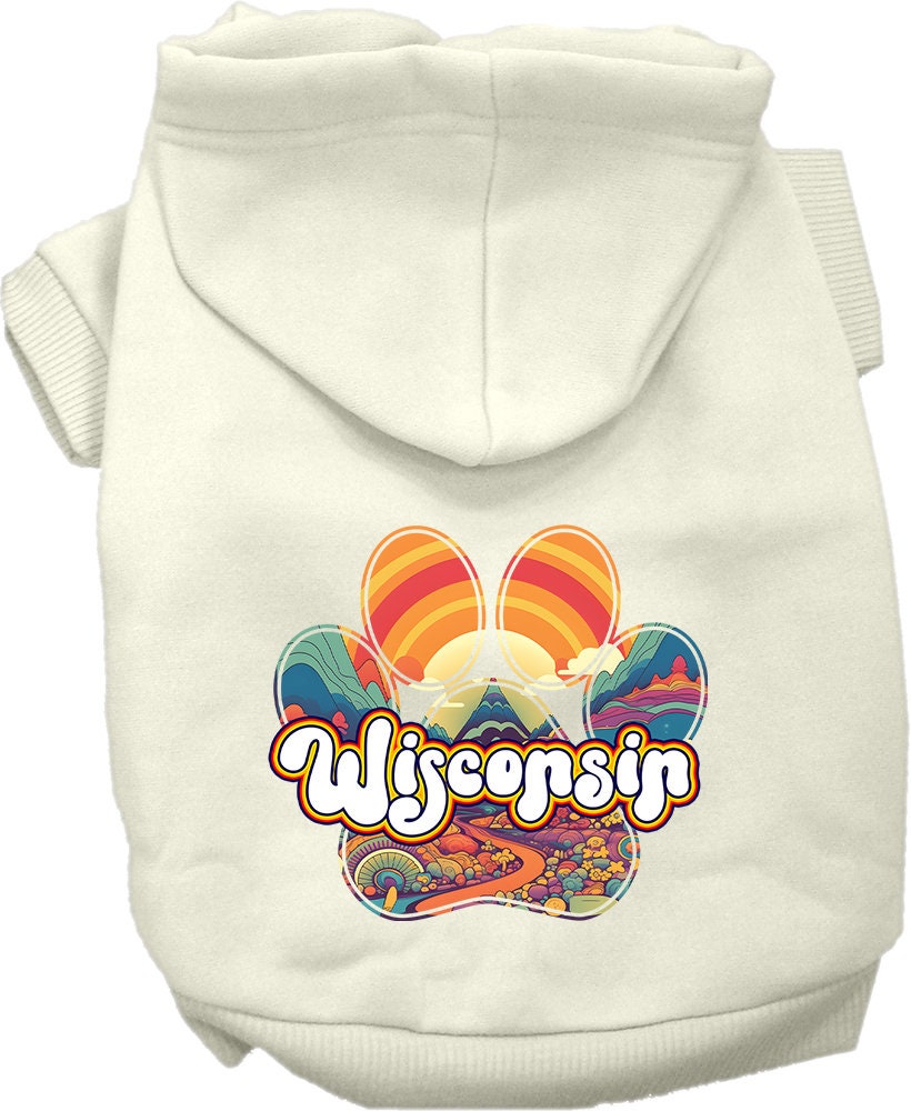 A cozy screen printed hoodie for medium to large pets, featuring the 'Wisconsin Groovy Summit' design, perfect for stylish outdoor adventures.